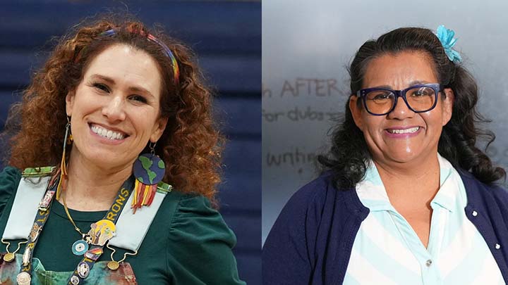Two women in portrait photos. The one on the left has curly brunette hair and is wearing a dark aquamarine top with suspenders and lots of flair. On the right, a woman with a light blue bow in her hair and a blue sweater over a white top.